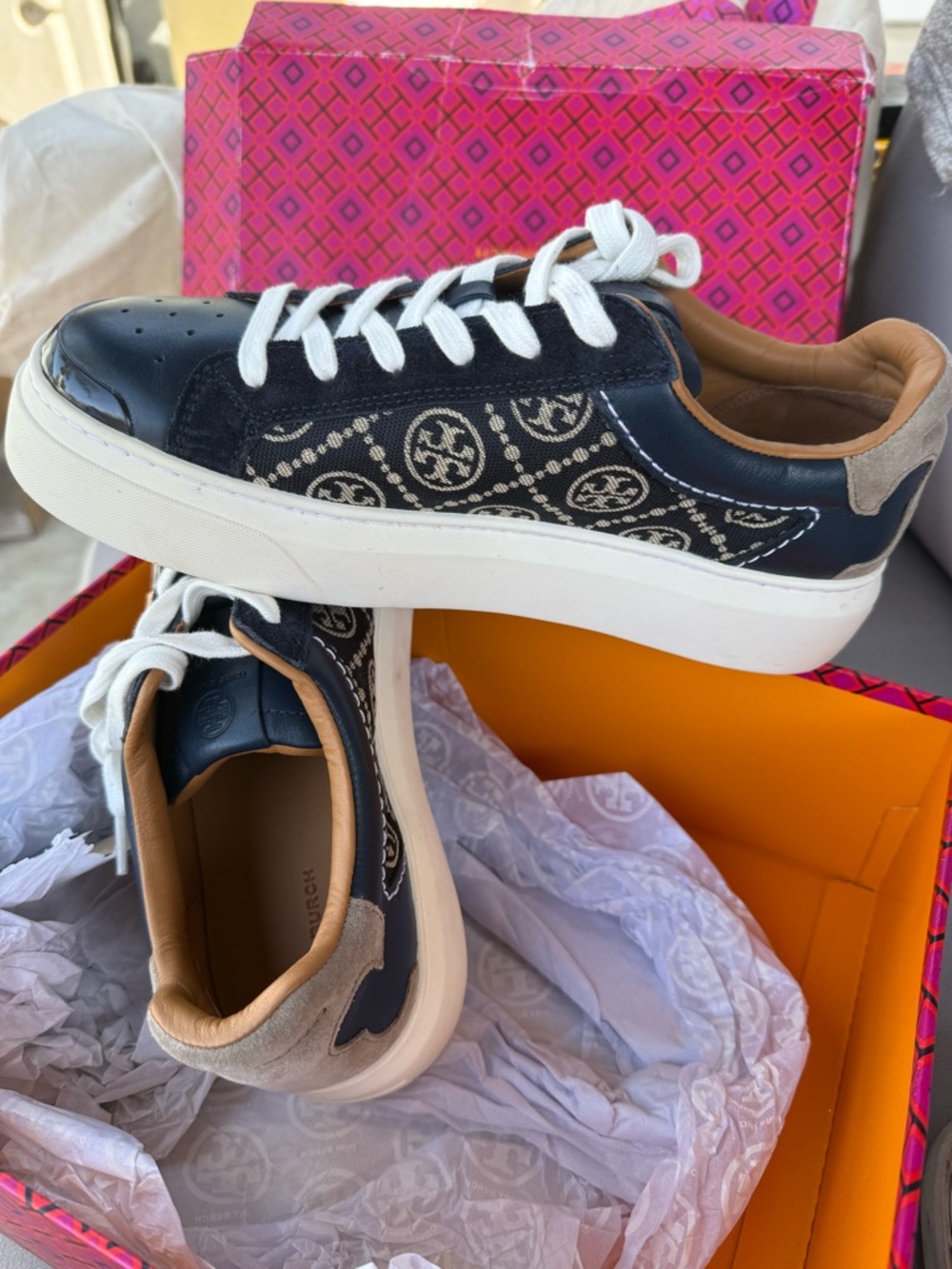 Tory Burch Navy and White Logo-Print Low-Top Sneakers
